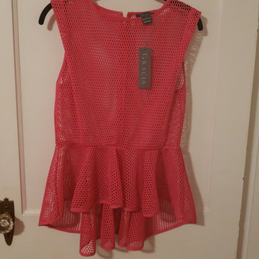 Gracia Pink Fishnet Hi Low Peplum Shirt - Size L